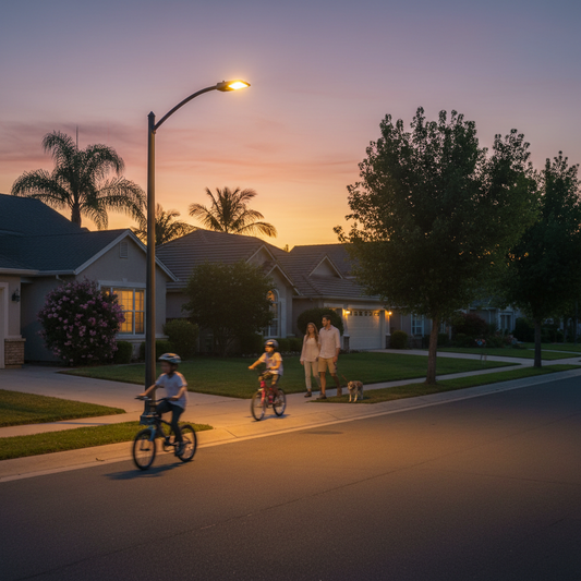 Solar street light installed on pole in residential neighborhood