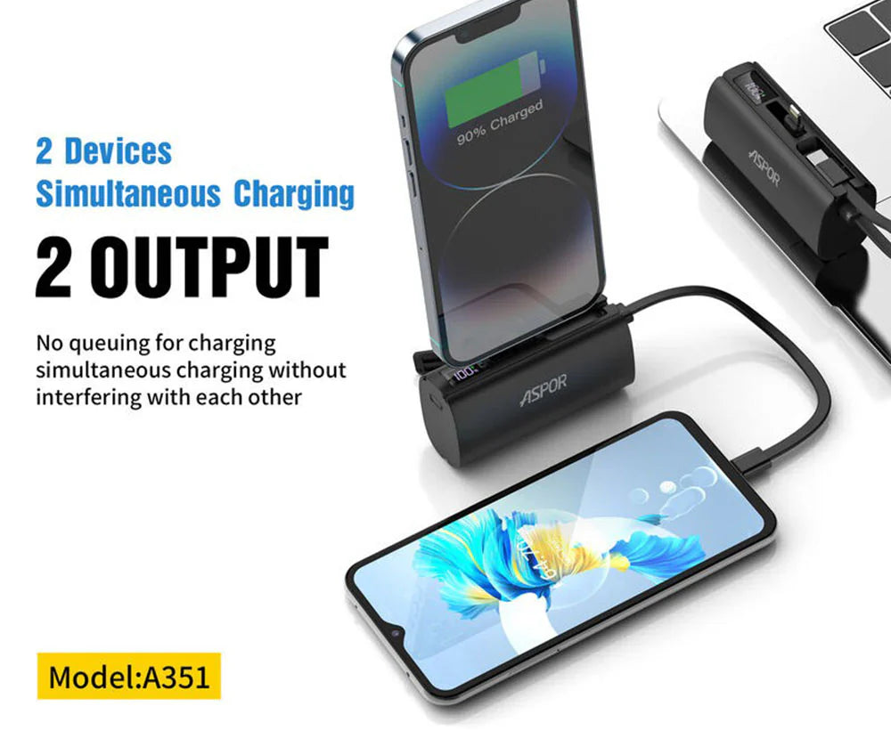 Aspor A351 5000mAh Mini Power Bank – 2-in-1 iPhone & Type-C Fast Charging Portable Charger | Continum