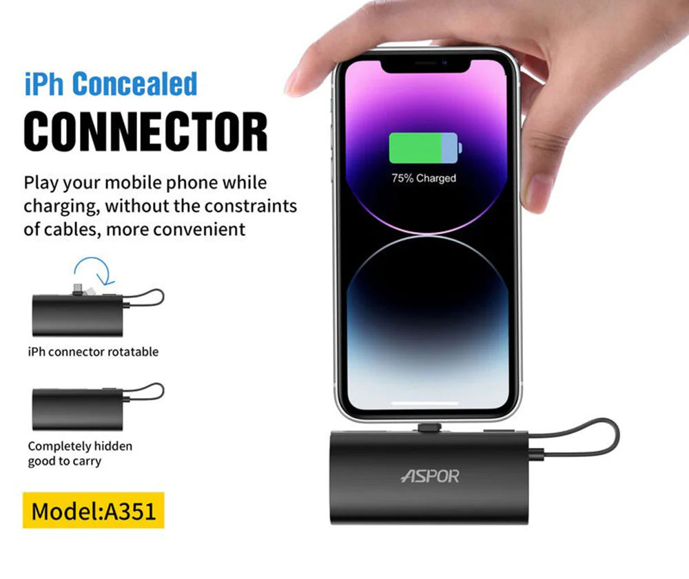 Aspor A351 5000mAh Mini Power Bank – 2-in-1 iPhone & Type-C Fast Charging Portable Charger | Continum