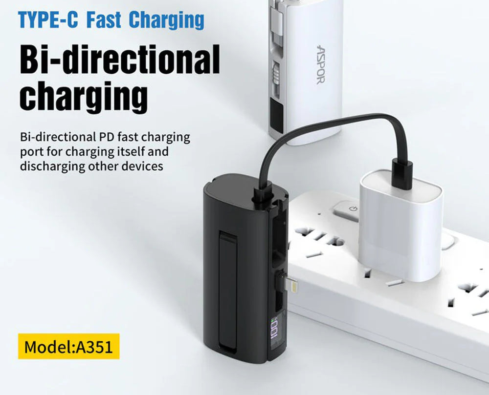 Aspor A351 5000mAh Mini Power Bank – 2-in-1 iPhone & Type-C Fast Charging Portable Charger | Continum