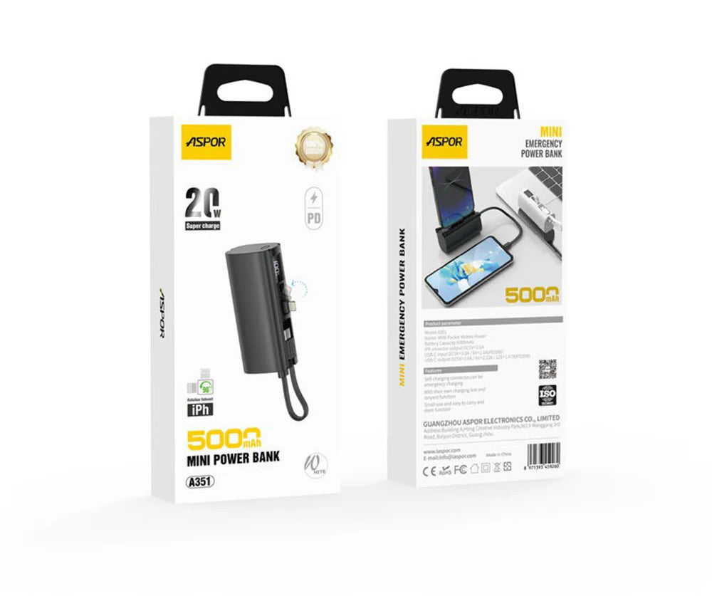 Aspor A351 5000mAh Mini Power Bank – 2-in-1 iPhone & Type-C Fast Charging Portable Charger | Continum