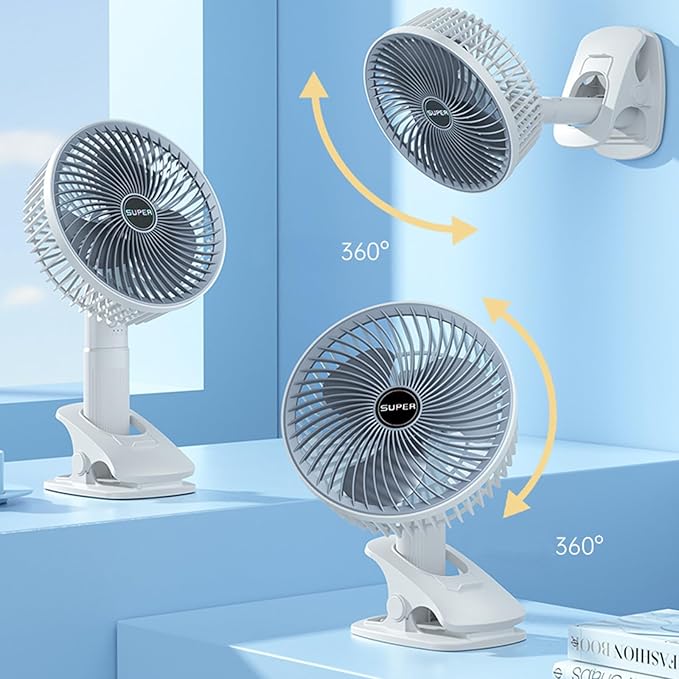 4-in-1 USB Rechargeable Clip Fan – 360° Rotation, 3 Speed, Quiet & Powerful | Continum