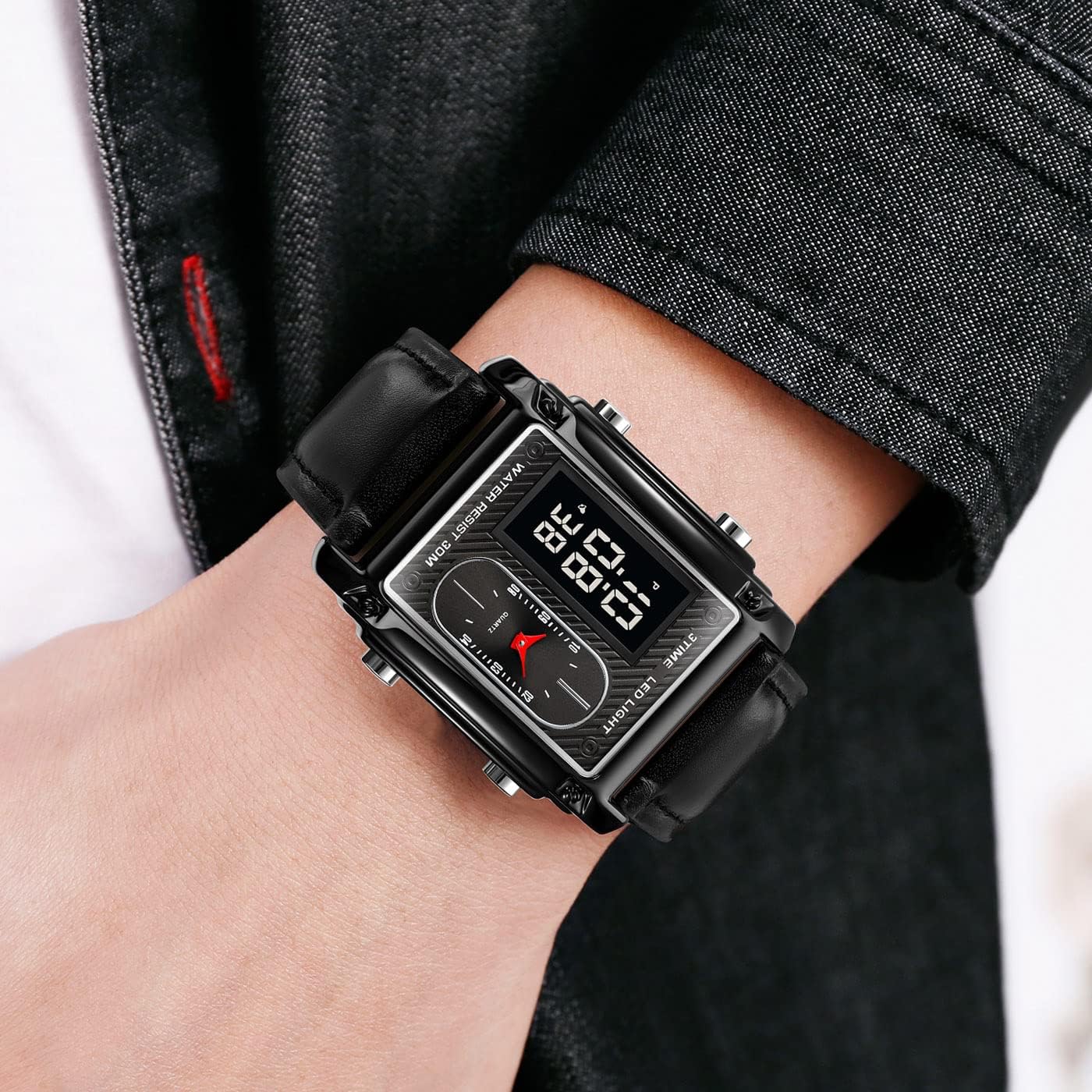 SKMEI 1868 Original Digital Analog Watch – Black with Golden Case, Leather Strap | Continum