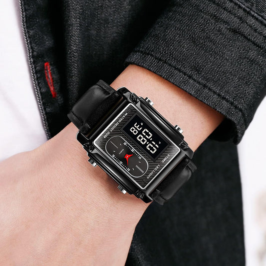 SKMEI 1868 Original Digital Analog Watch – Black with Golden Case, Leather Strap | Continum