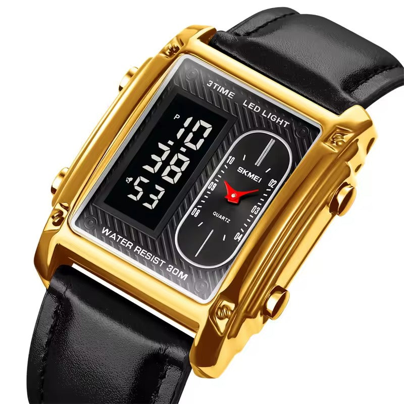 SKMEI 1868 Original Digital Analog Watch – Black with Golden Case, Leather Strap | Continum