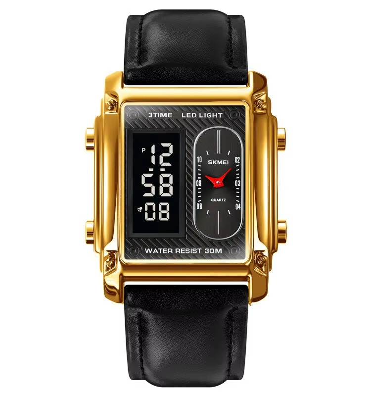 SKMEI 1868 Original Digital Analog Watch – Black with Golden Case, Leather Strap | Continum