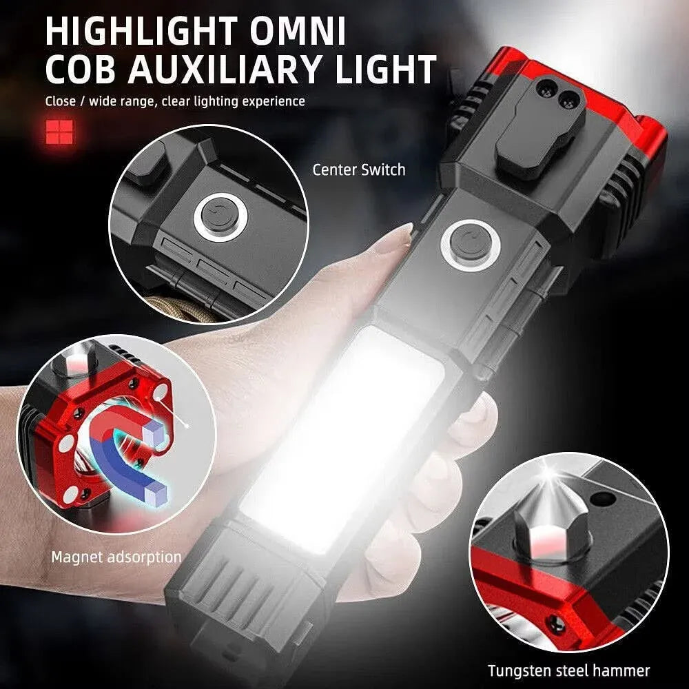 3-in-1 High-Power LED Torch – Rechargeable Flashlight with Tactical Hammer & Power Bank | Continum