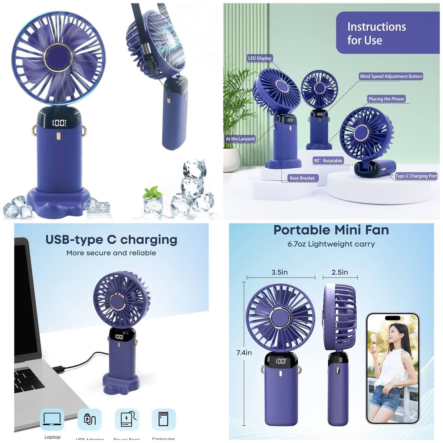 5-in-1 Digital Display Mini Fan – USB-C Rechargeable Handheld, Neck & Desk Fan | Continum