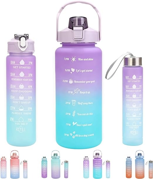 3 Piece Motivational Water Bottle Set – BPA Free, Gradient Colors with Time Markings | Continum