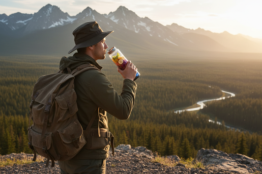 Traveller with backpack holding portable blender bottle with fresh smoothie outdoors