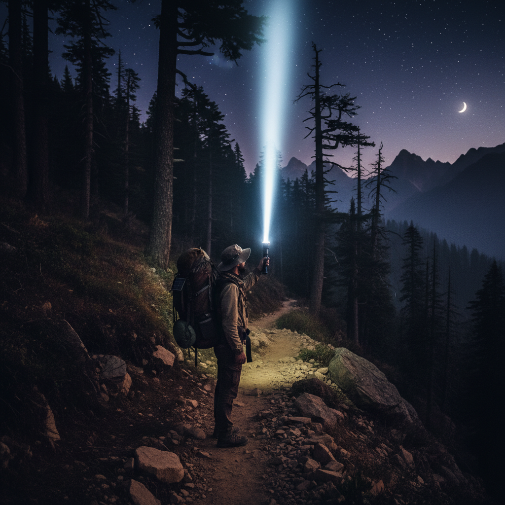 Hiker using SGOD solar torch on camping trail at night