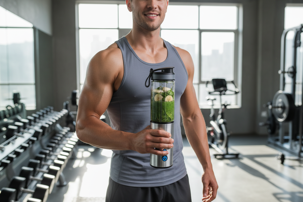 Fit young man at the gym holding a portable USB rechargeable blender bottle with fresh smoothie