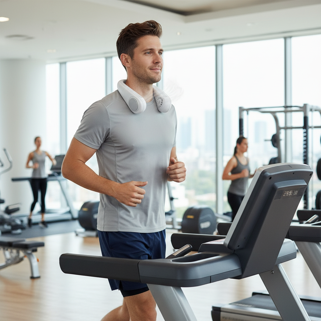 Man wearing white bladeless neck fan while exercising at gym