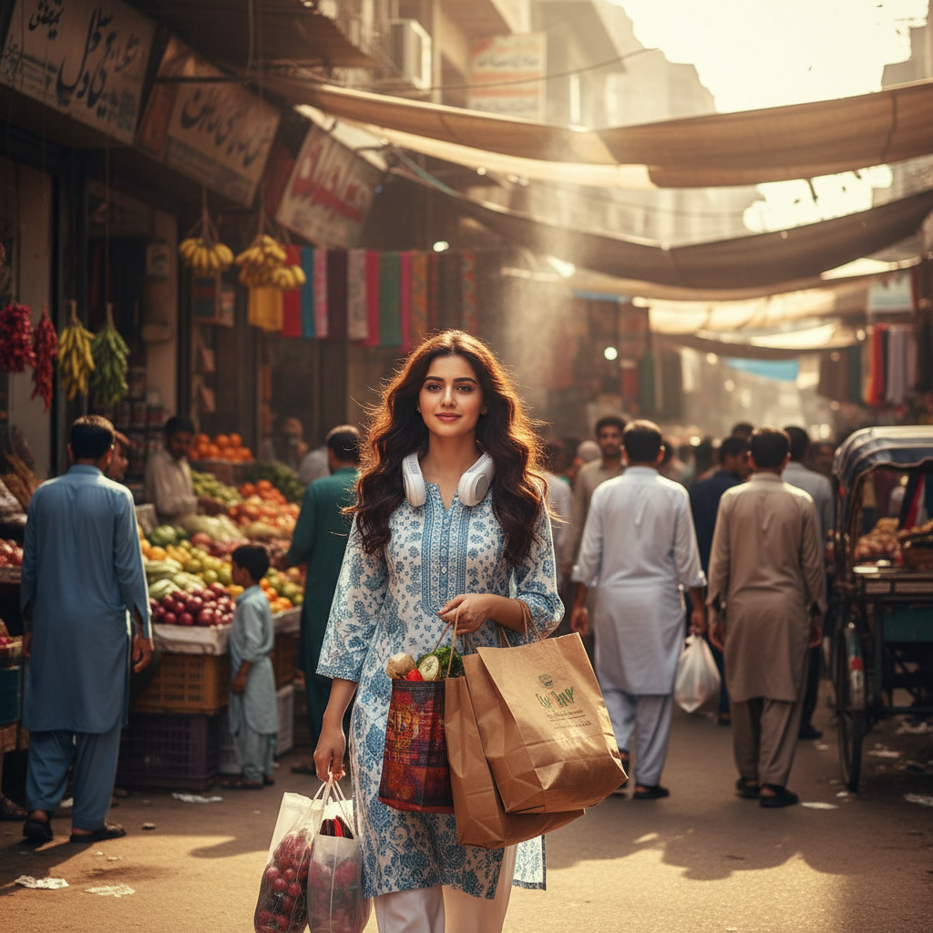 Woman with long hair wearing white bladeless neck fan while shopping at street market