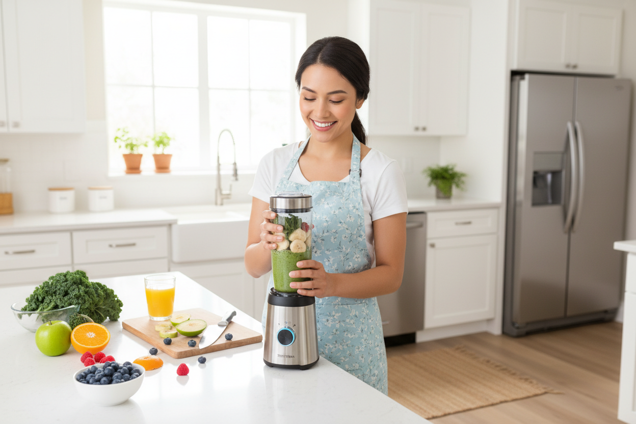 Happy housewife in kitchen using portable blender to make fresh smoothie