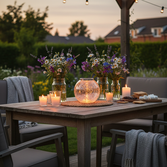 Solar lantern on a wooden garden table with flowers and candles