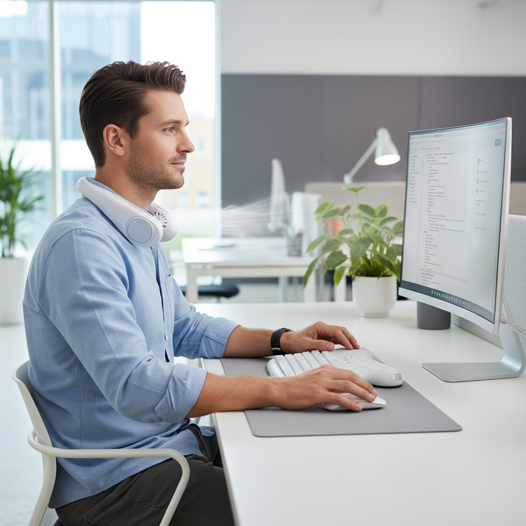 Man wearing white bladeless neck fan while working at office desk