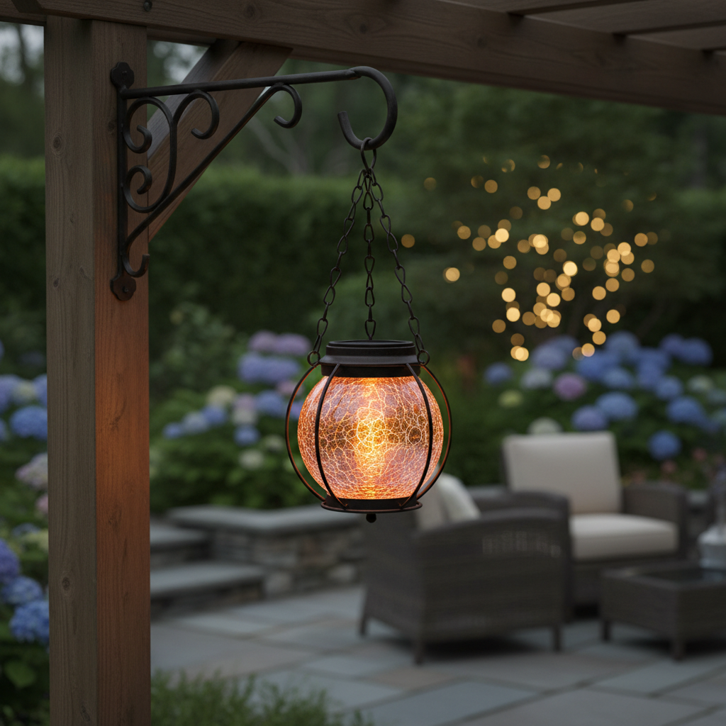 Solar crackle glass lantern glowing in a garden setting