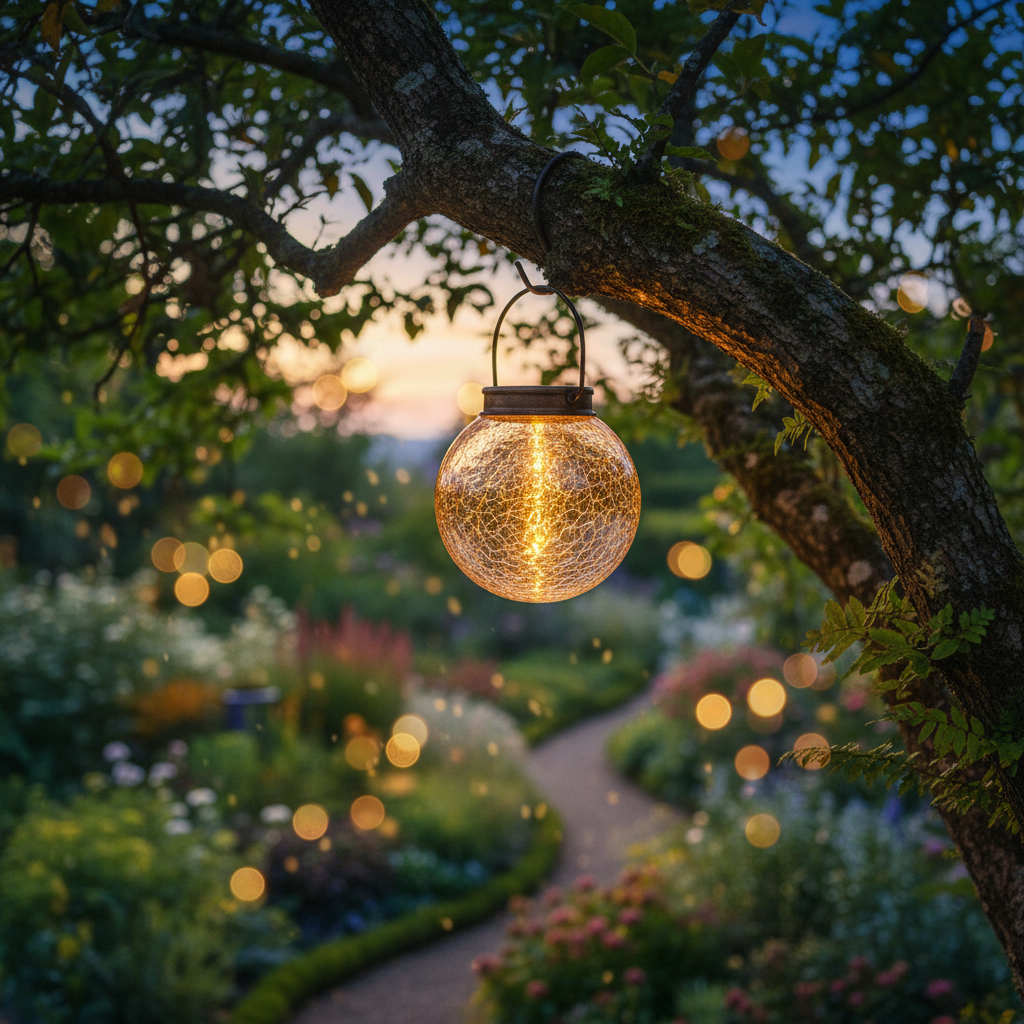 Solar lantern hanging from a tree branch in a lush garden at dusk