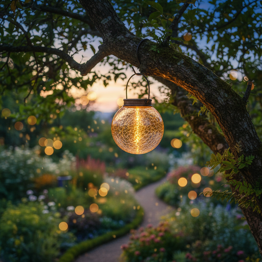 Solar lantern hanging from a tree branch in a lush garden at dusk