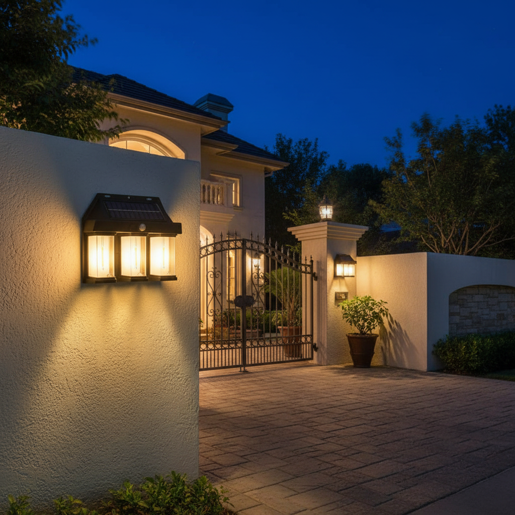 Solar 3 Bulb Wall Lamp – Motion Sensor, Warm Golden Glow, Outdoor Security Light | Continum