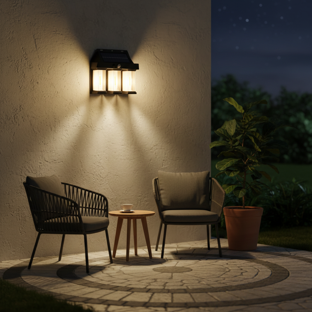 Solar 3 Bulb Wall Lamp – Motion Sensor, Warm Golden Glow, Outdoor Security Light | Continum